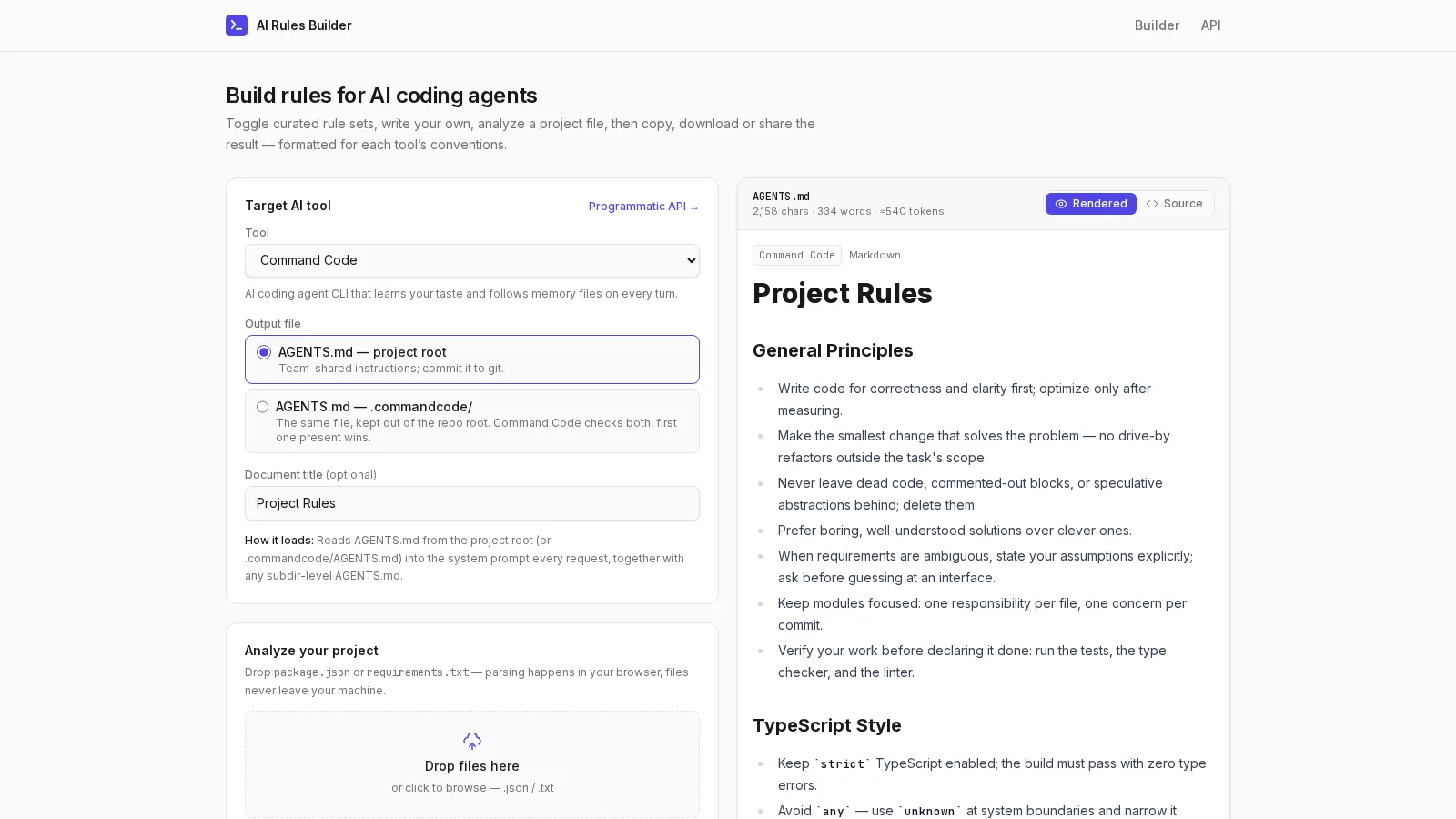 AI Rules Builder: rule switches on the left, live AGENTS.md preview on the right