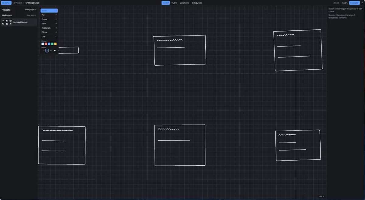 NeuralCanvas: a sketched layout on the canvas, projects in the sidebar, tools on the left