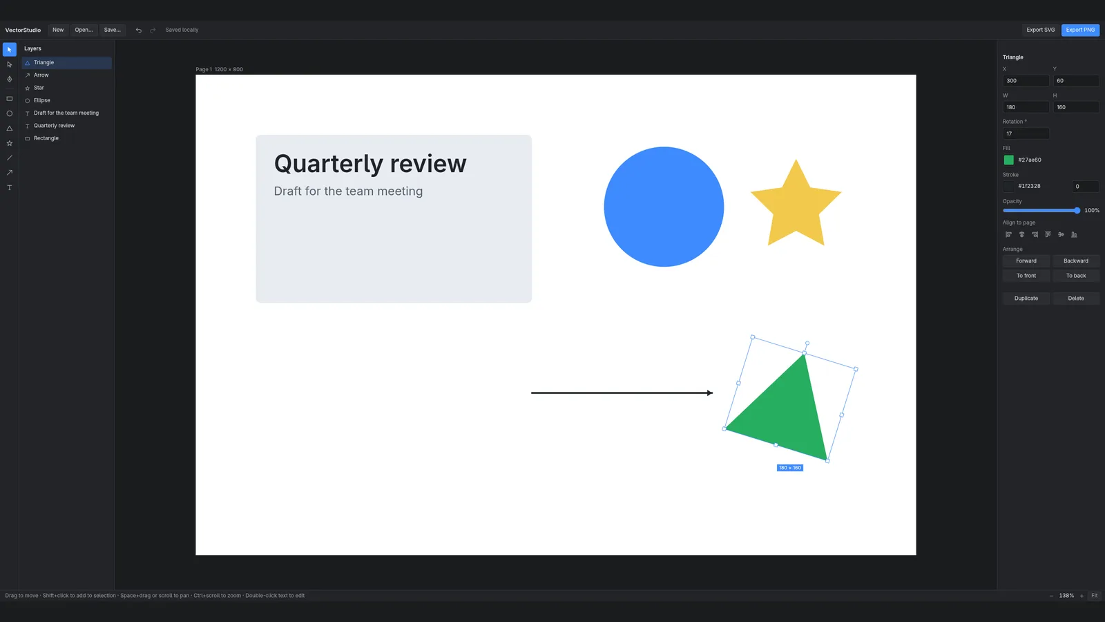 VectorStudio: layers on the left, the page in the middle, properties of the selected triangle on the right
